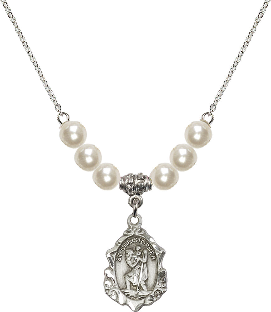 Sterling Silver Saint Christopher Birthstone Necklace with Faux-Pearl Beads - 0822