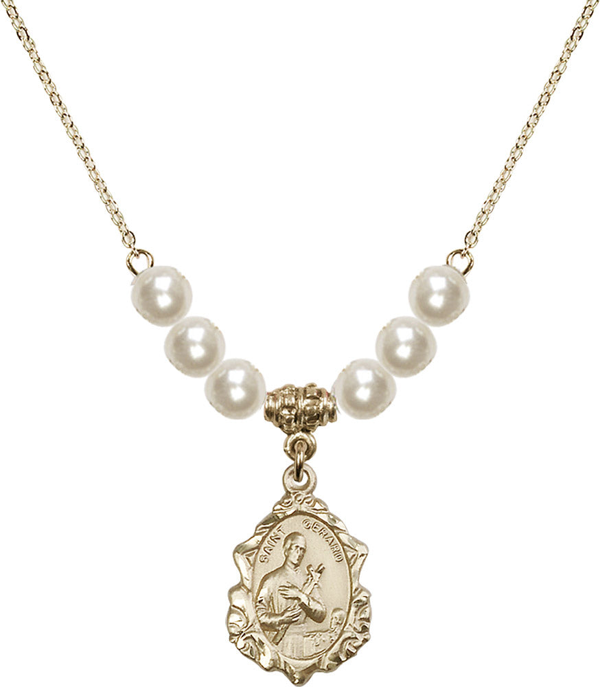 14kt Gold Filled Saint Gerard Birthstone Necklace with Faux-Pearl Beads - 0822
