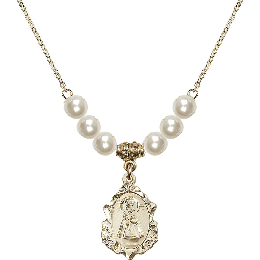 14kt Gold Filled Infant of Prague Birthstone Necklace with Faux-Pearl Beads - 0822