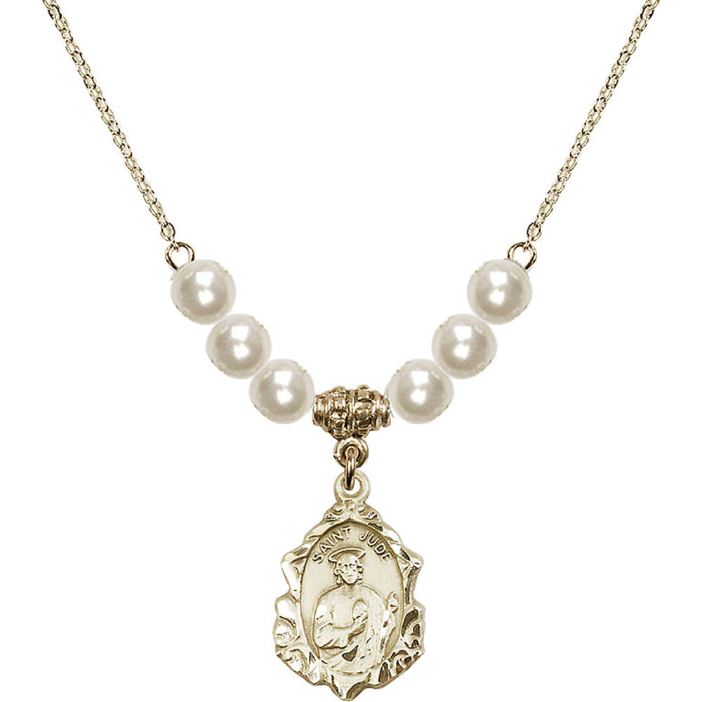 14kt Gold Filled Saint Jude Birthstone Necklace with Faux-Pearl Beads - 0822