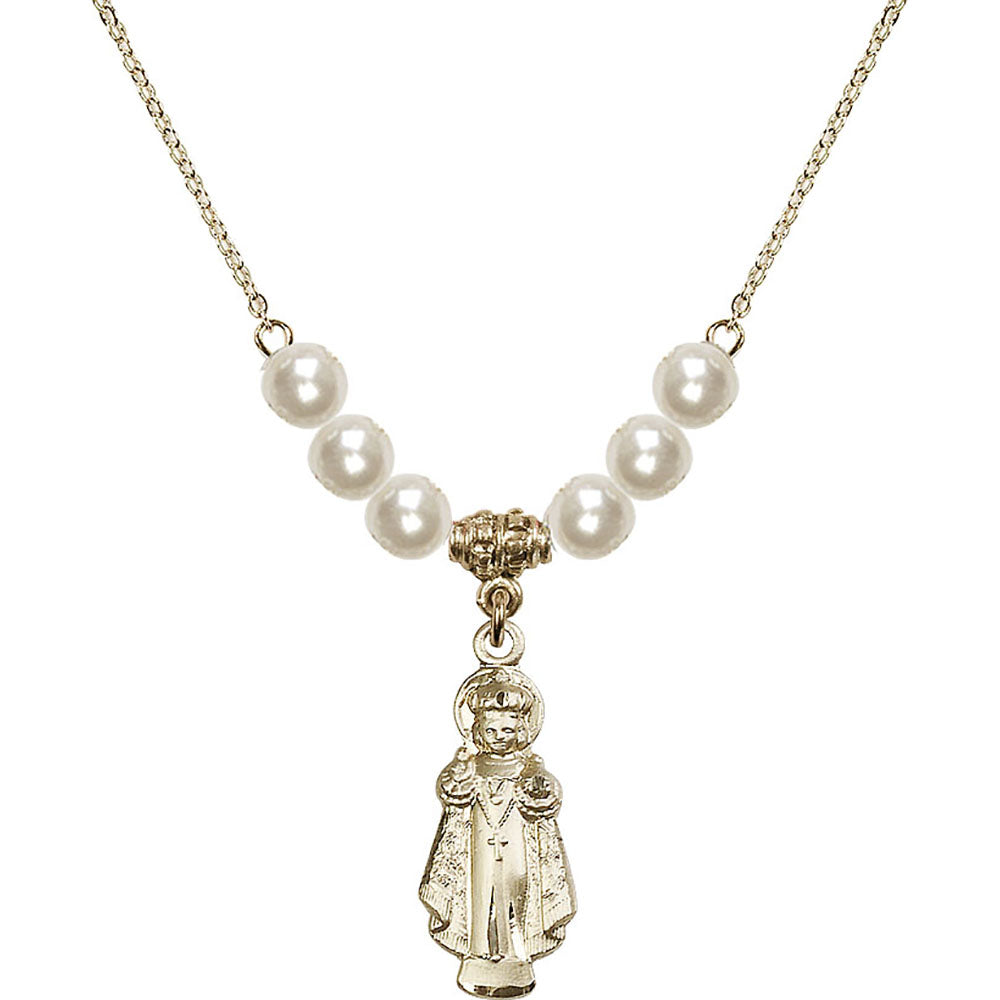 14kt Gold Filled Infant of Prague Birthstone Necklace with Faux-Pearl Beads - 0824