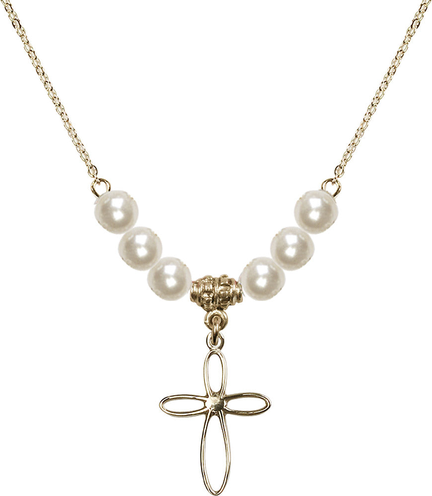 14kt Gold Filled Loop Cross Birthstone Necklace with Faux-Pearl Beads - 1707