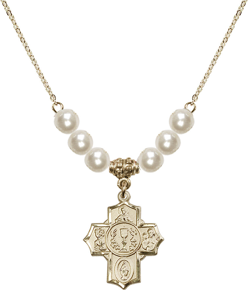 14kt Gold Filled Communion/5-Way Birthstone Necklace with Faux-Pearl Beads - 2004