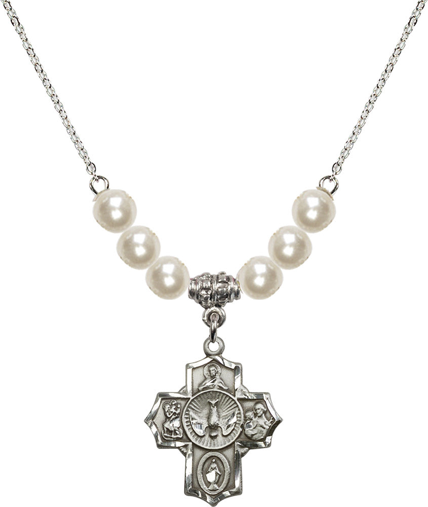 Sterling Silver 5-Way Birthstone Necklace with Faux-Pearl Beads - 2090