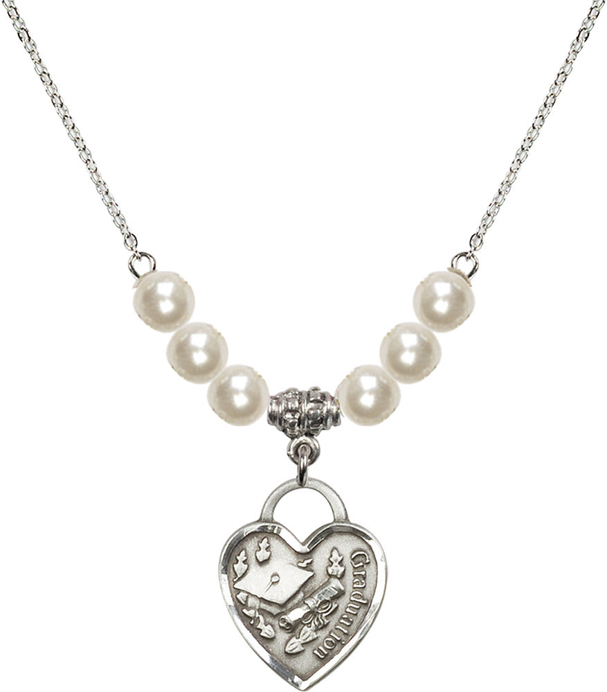 Sterling Silver Graduation Heart Birthstone Necklace with Faux-Pearl Beads - 3206
