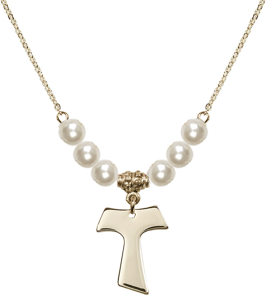 14kt Gold Filled Tau Cross Birthstone Necklace with Faux-Pearl Beads - 3948