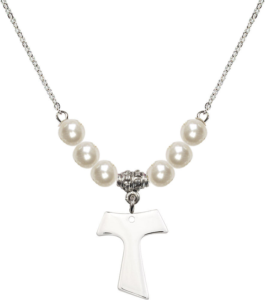 Sterling Silver Tau Cross Birthstone Necklace with Faux-Pearl Beads - 3948