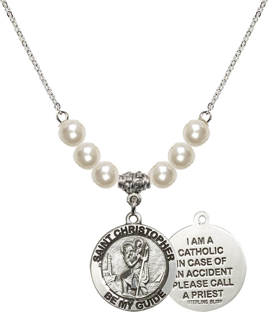 Sterling Silver Saint Christopher Birthstone Necklace with Faux-Pearl Beads - 4049