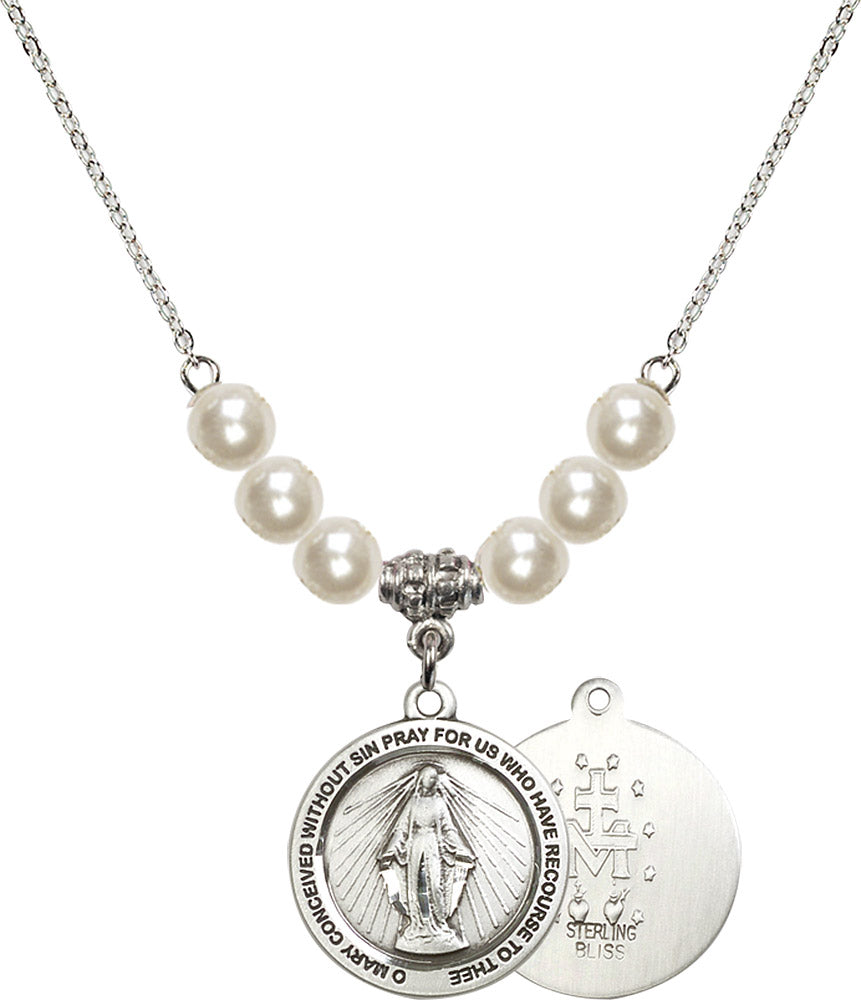 Sterling Silver Miraculous Birthstone Necklace with Faux-Pearl Beads - 4056
