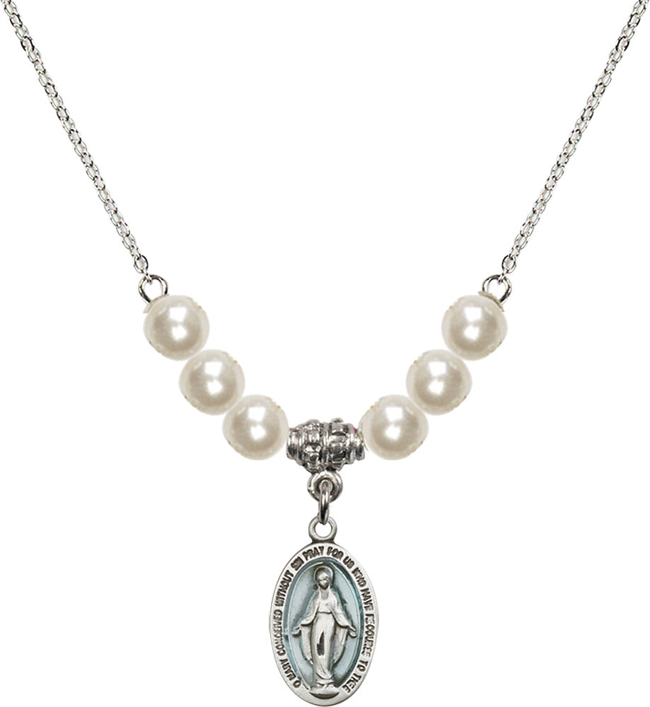 Sterling Silver Miraculous Birthstone Necklace with Faux-Pearl Beads - 4122