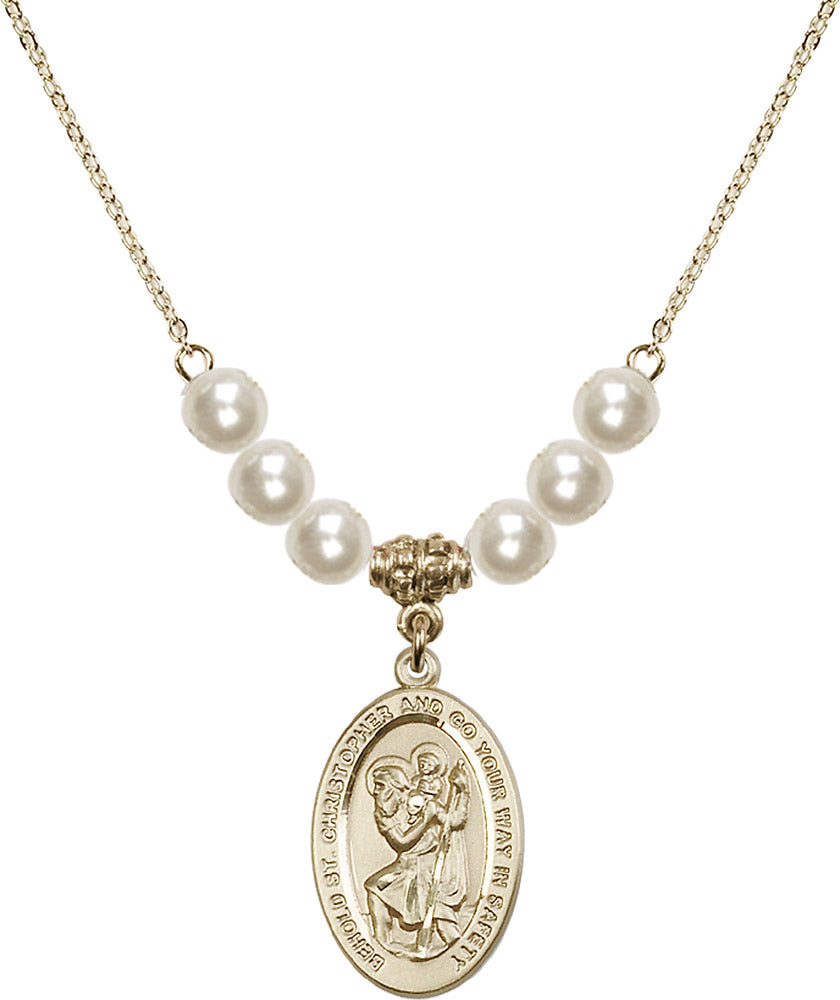 14kt Gold Filled Saint Christopher Birthstone Necklace with Faux-Pearl Beads - 4123