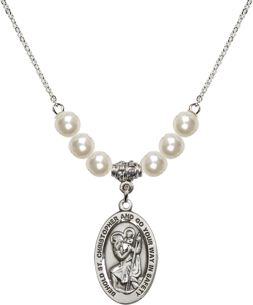 Sterling Silver Saint Christopher Birthstone Necklace with Faux-Pearl Beads - 4123