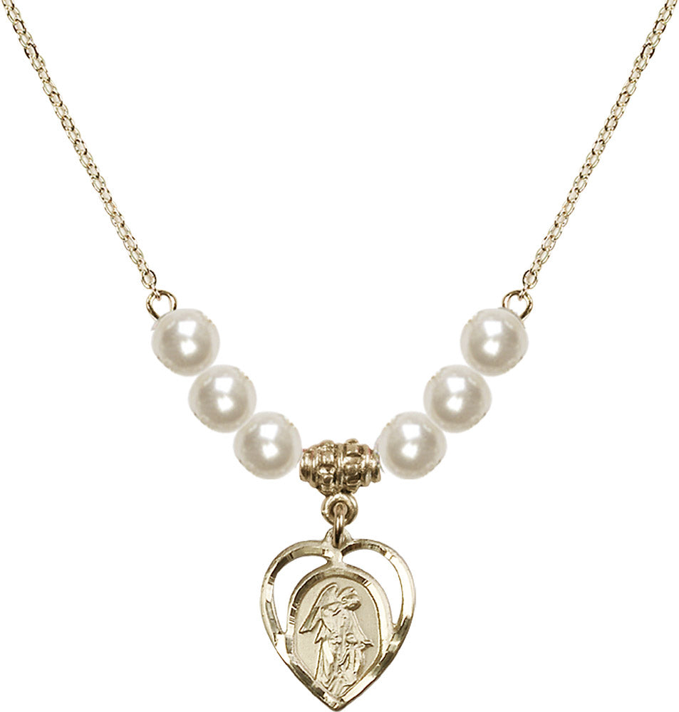 14kt Gold Filled Guardian Angel Birthstone Necklace with Faux-Pearl Beads - 4129