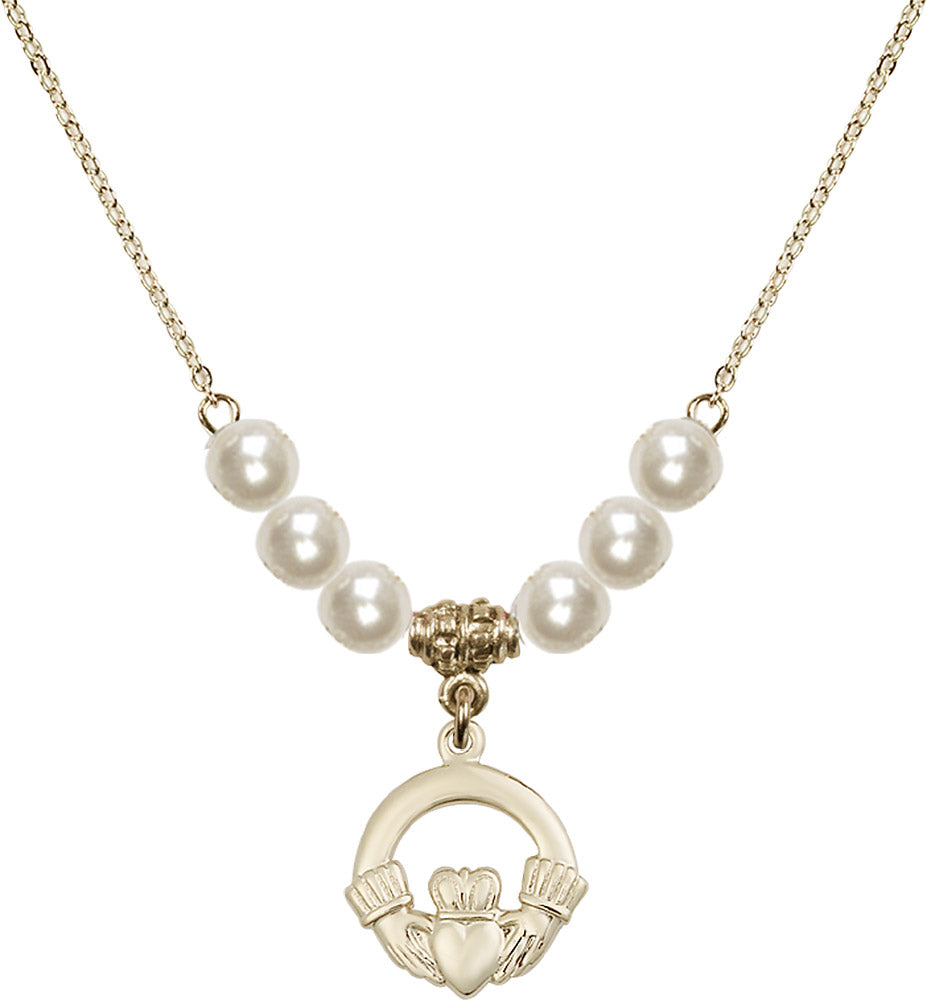 14kt Gold Filled Claddagh Birthstone Necklace with Faux-Pearl Beads - 4138
