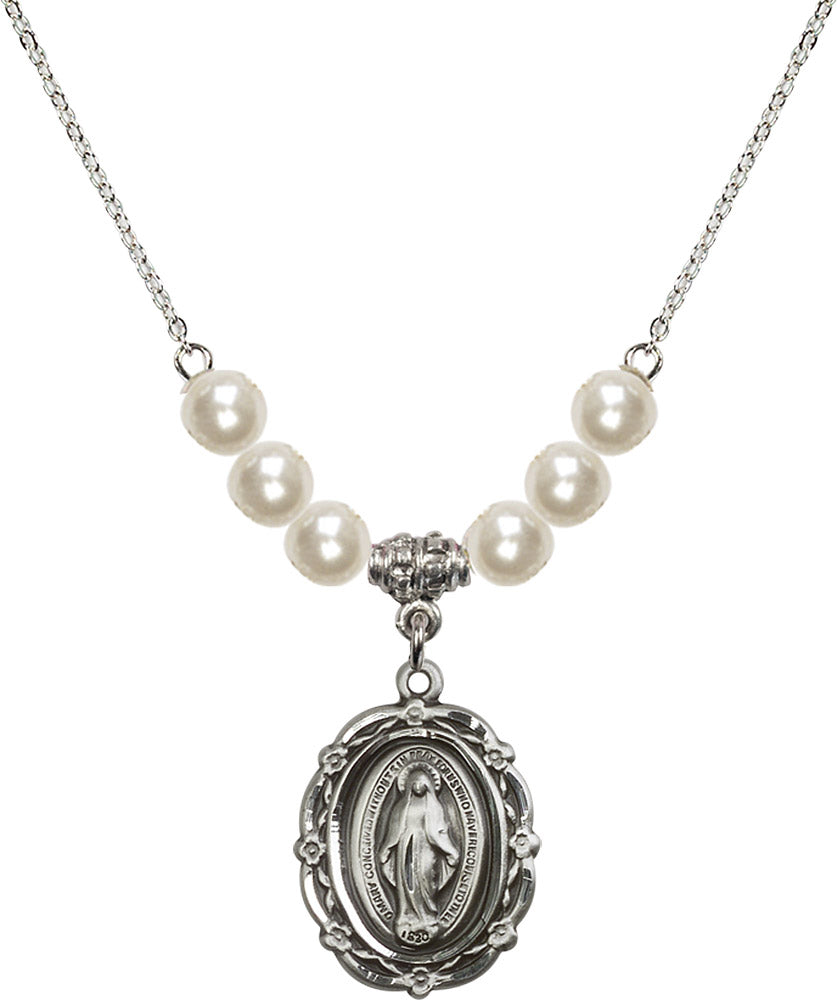 Sterling Silver Miraculous Birthstone Necklace with Faux-Pearl Beads - 4146