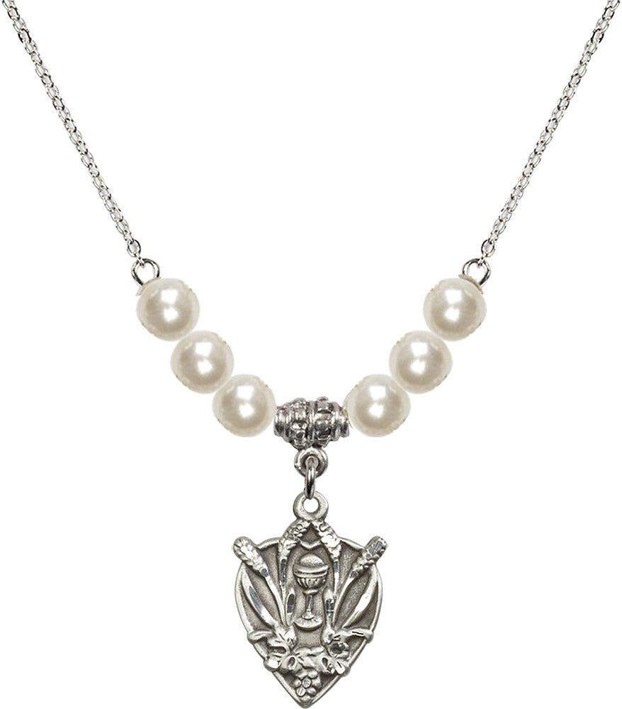 Sterling Silver Communion Birthstone Necklace with Faux-Pearl Beads - 4200