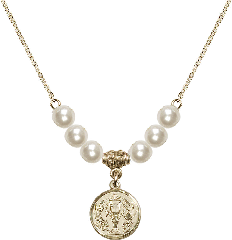 14kt Gold Filled Communion Chalice Birthstone Necklace with Faux-Pearl Beads - 4203