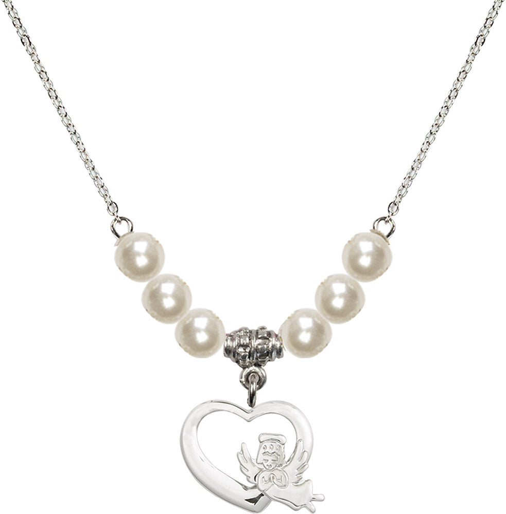 Sterling Silver Heart / Guardian Angel Birthstone Necklace with Faux-Pearl Beads - 4206