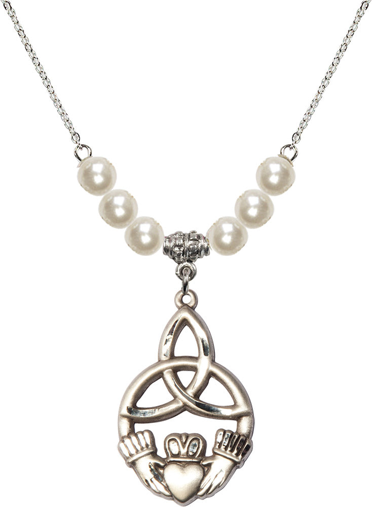 Sterling Silver Irish Knot / Claddagh Birthstone Necklace with Faux-Pearl Beads - 5102