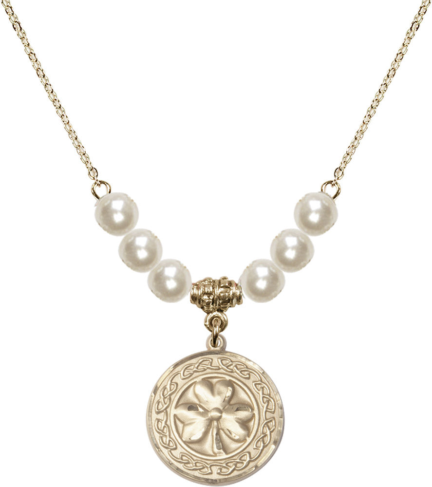 14kt Gold Filled Shamrock w/ Celtic Border Birthstone Necklace with Faux-Pearl Beads - 5106