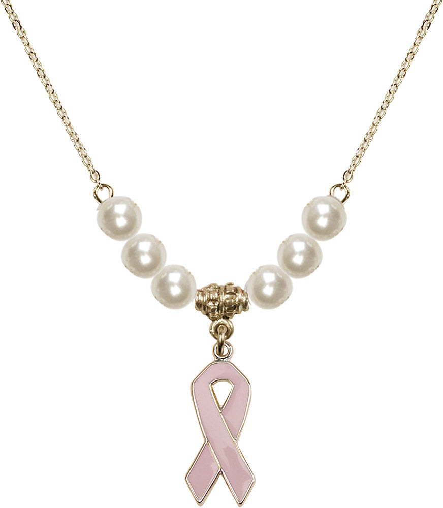 14kt Gold Filled Cancer Awareness Birthstone Necklace with Faux-Pearl Beads - 5151