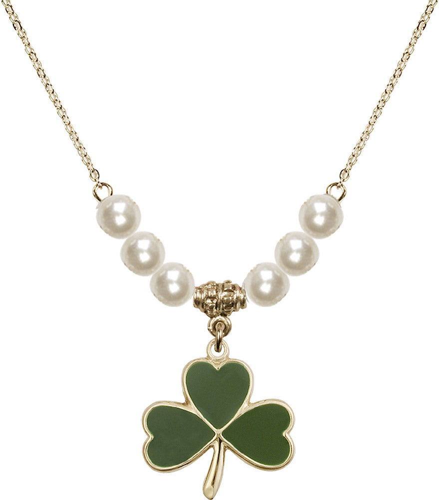 14kt Gold Filled Shamrock Birthstone Necklace with Faux-Pearl Beads - 5248