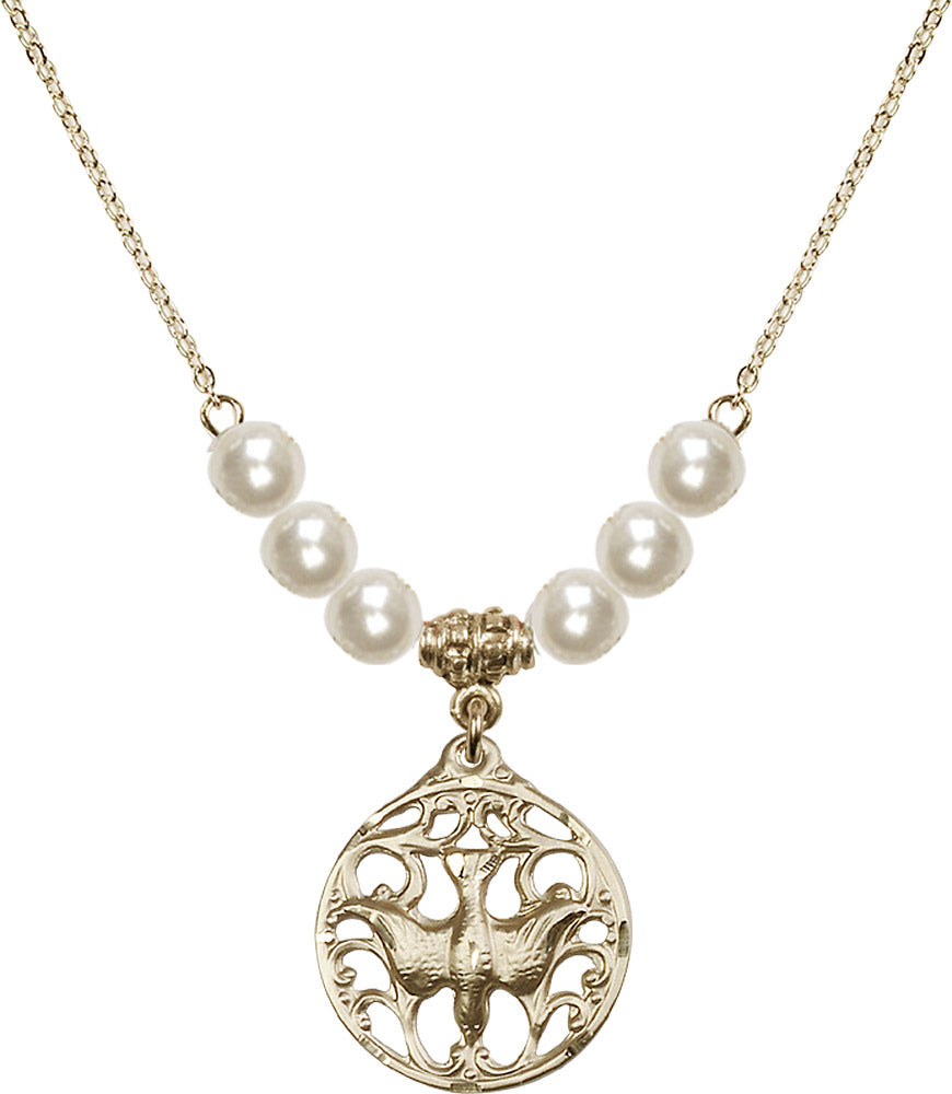 14kt Gold Filled Holy Spirit Birthstone Necklace with Faux-Pearl Beads - 5655
