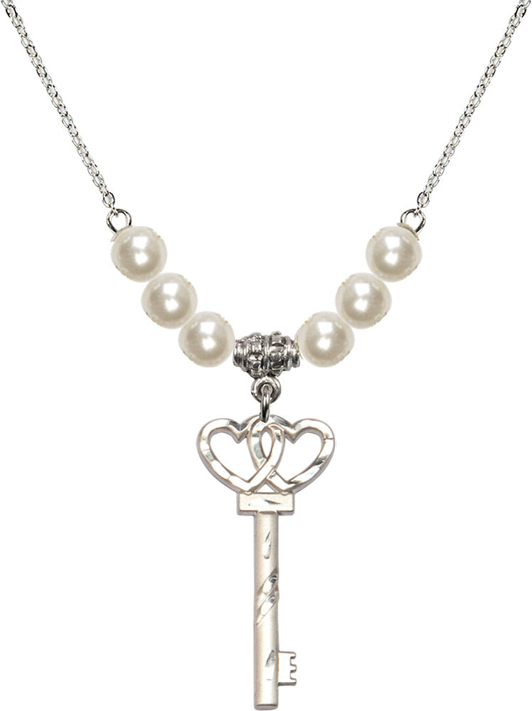 Sterling Silver Small Key w/Double Hearts Birthstone Necklace with Faux-Pearl Beads - 6213