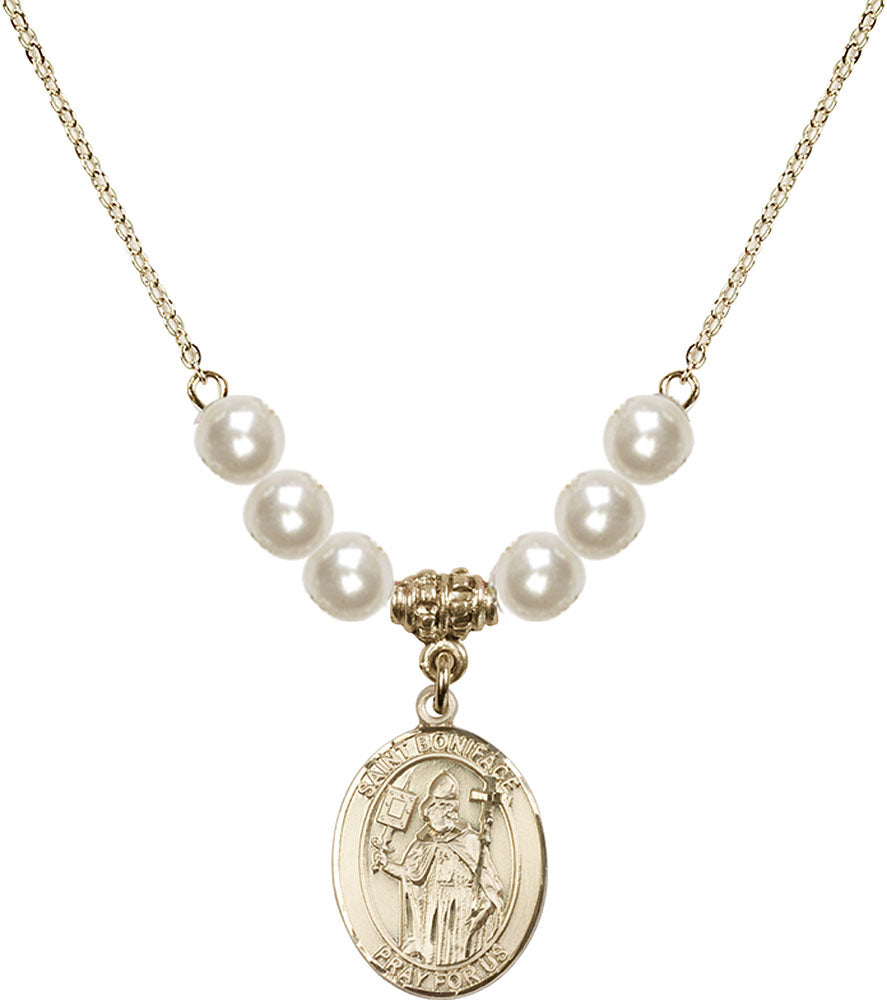 14kt Gold Filled Saint Boniface Birthstone Necklace with Faux-Pearl Beads - 8009