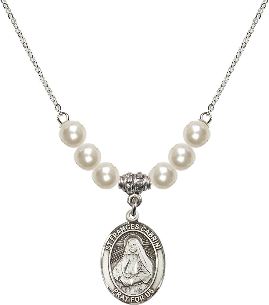Sterling Silver Saint Frances Cabrini Birthstone Necklace with Faux-Pearl Beads - 8011