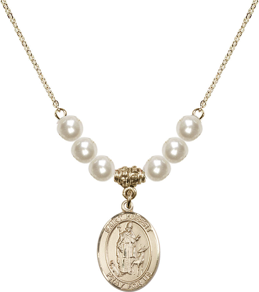 14kt Gold Filled Saint Hubert of Liege Birthstone Necklace with Faux-Pearl Beads - 8045