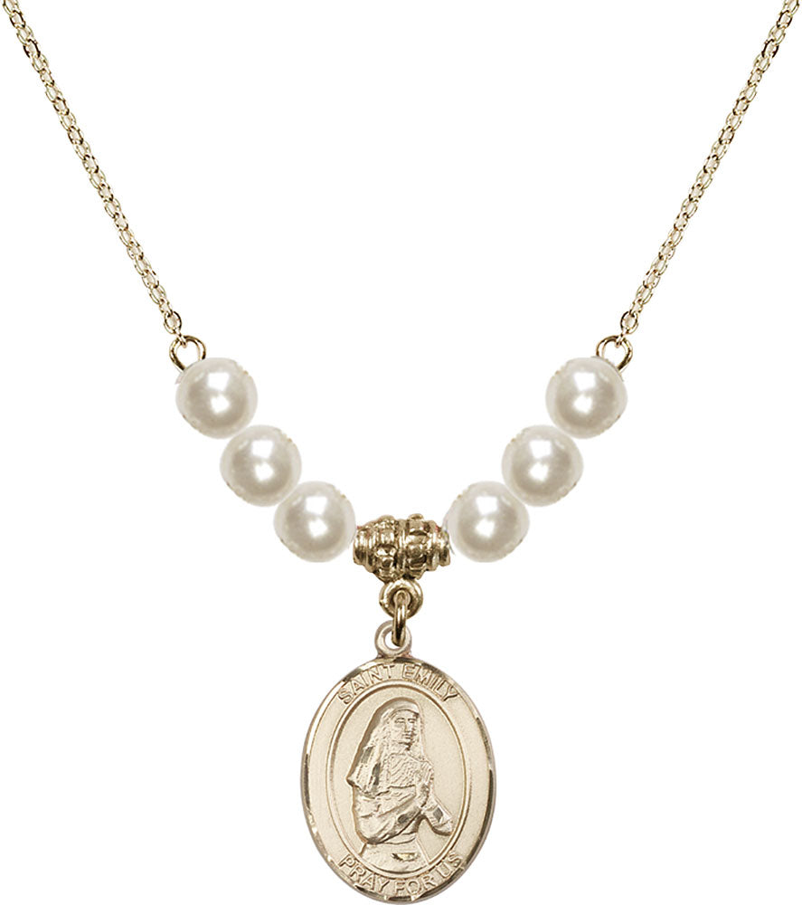 14kt Gold Filled Saint Emily de Vialar Birthstone Necklace with Faux-Pearl Beads - 8047