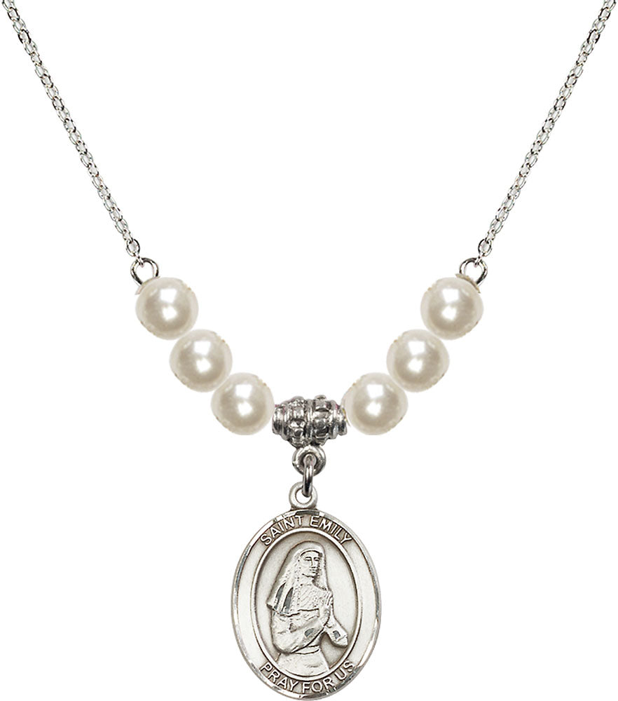 Sterling Silver Saint Emily de Vialar Birthstone Necklace with Faux-Pearl Beads - 8047