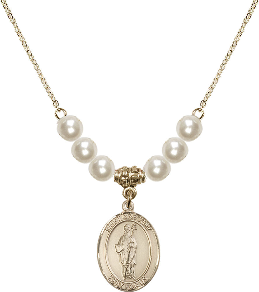 14kt Gold Filled Saint Gregory the Great Birthstone Necklace with Faux-Pearl Beads - 8048