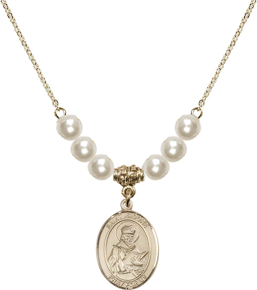 14kt Gold Filled Saint Isidore of Seville Birthstone Necklace with Faux-Pearl Beads - 8049