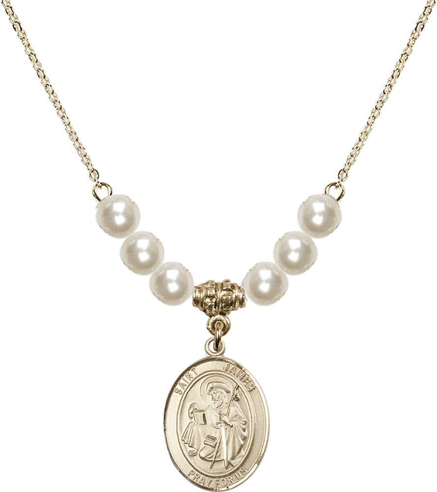 14kt Gold Filled Saint James the Greater Birthstone Necklace with Faux-Pearl Beads - 8050