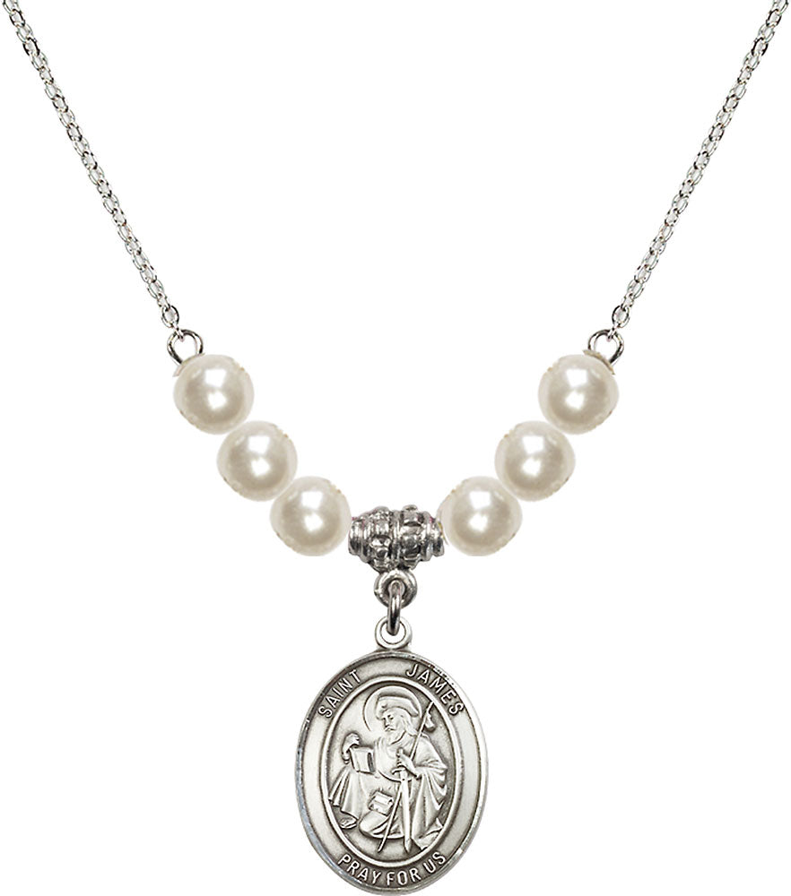 Sterling Silver Saint James the Greater Birthstone Necklace with Faux-Pearl Beads - 8050