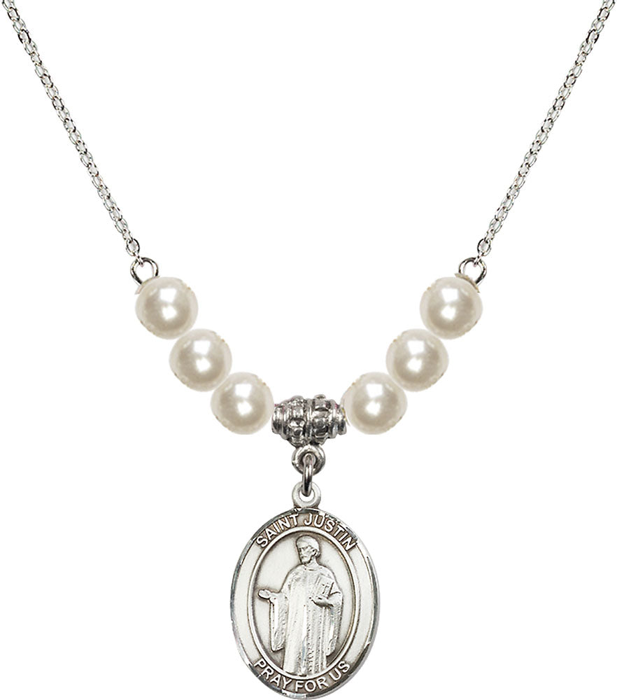 Sterling Silver Saint Justin Birthstone Necklace with Faux-Pearl Beads - 8052