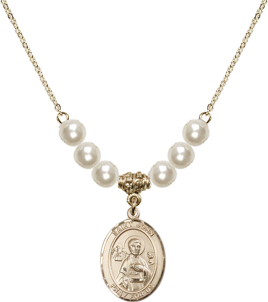 14kt Gold Filled Saint John the Apostle Birthstone Necklace with Faux-Pearl Beads - 8056