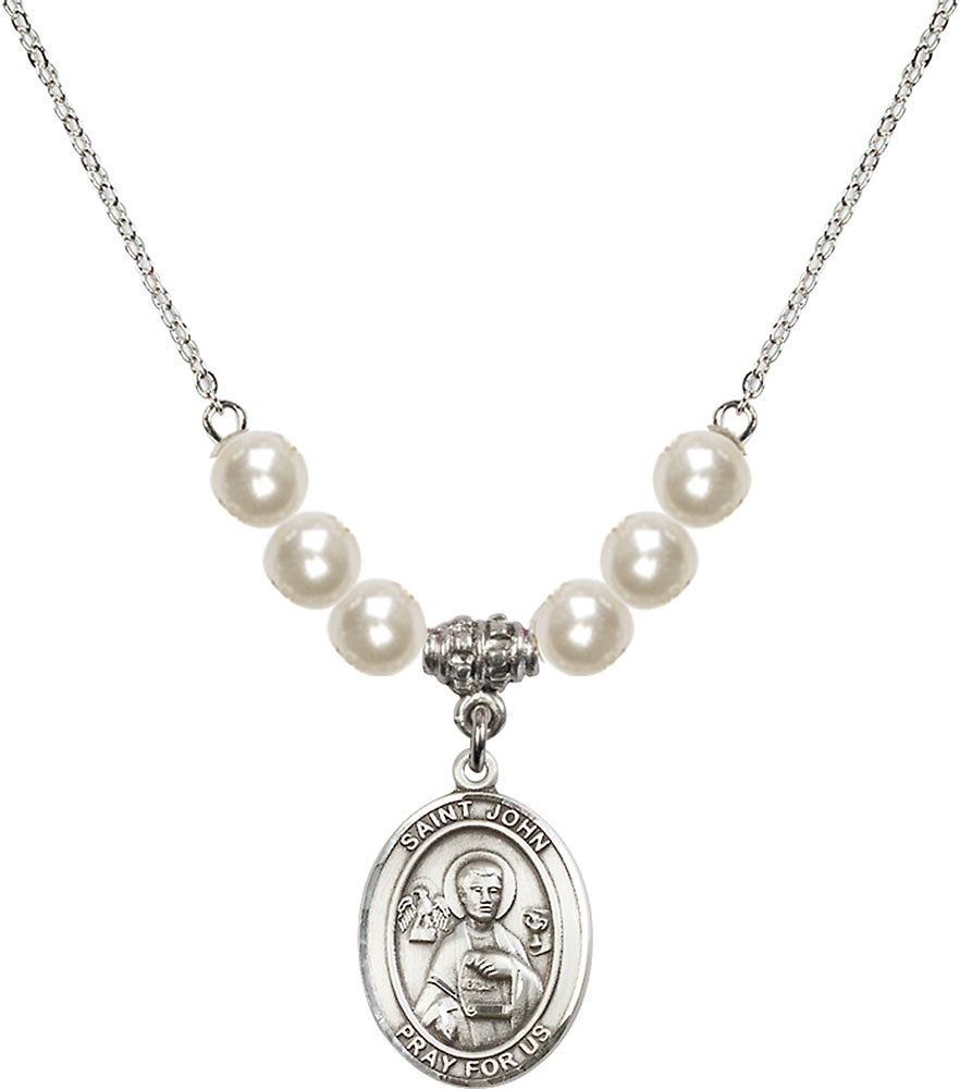 Sterling Silver Saint John the Apostle Birthstone Necklace with Faux-Pearl Beads - 8056