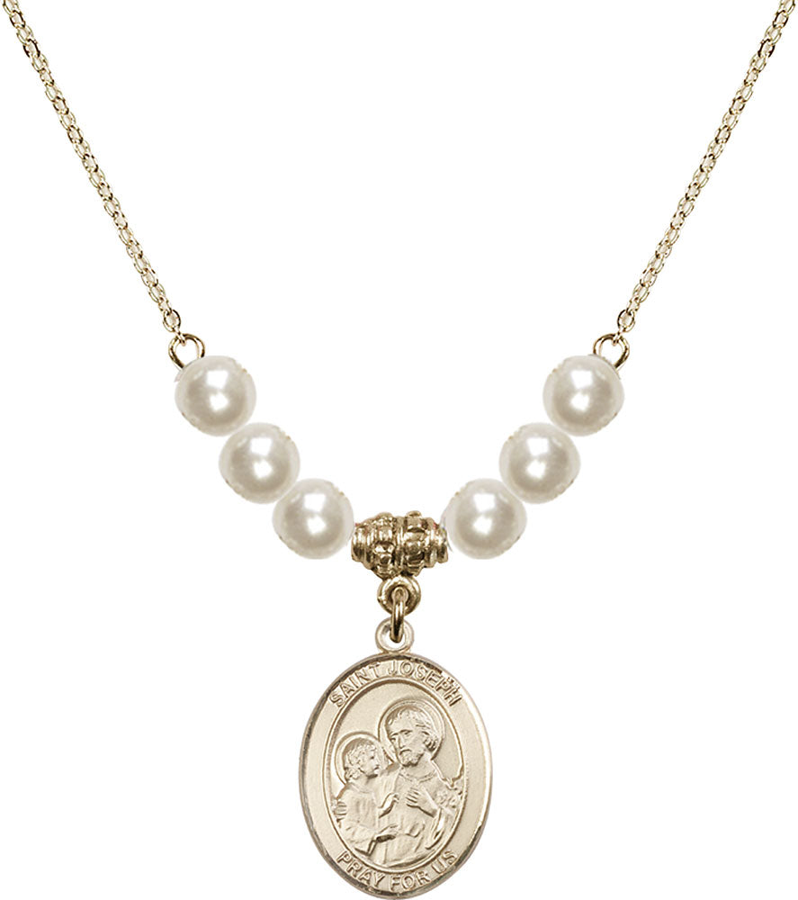 14kt Gold Filled Saint Joseph Birthstone Necklace with Faux-Pearl Beads - 8058
