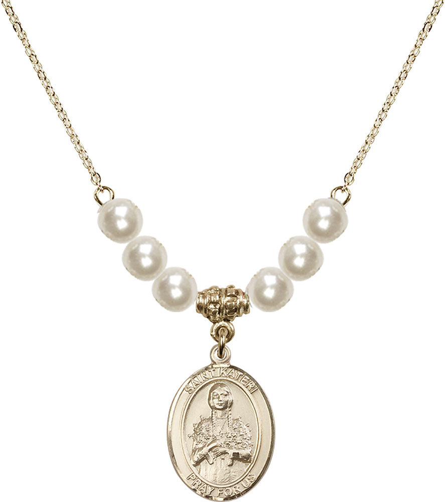 14kt Gold Filled Saint Kateri Tekakwitha Birthstone Necklace with Faux-Pearl Beads - 8061