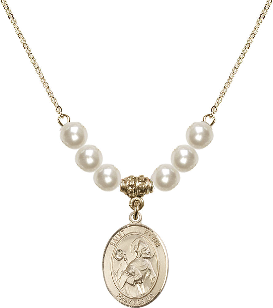 14kt Gold Filled Saint Kevin Birthstone Necklace with Faux-Pearl Beads - 8062