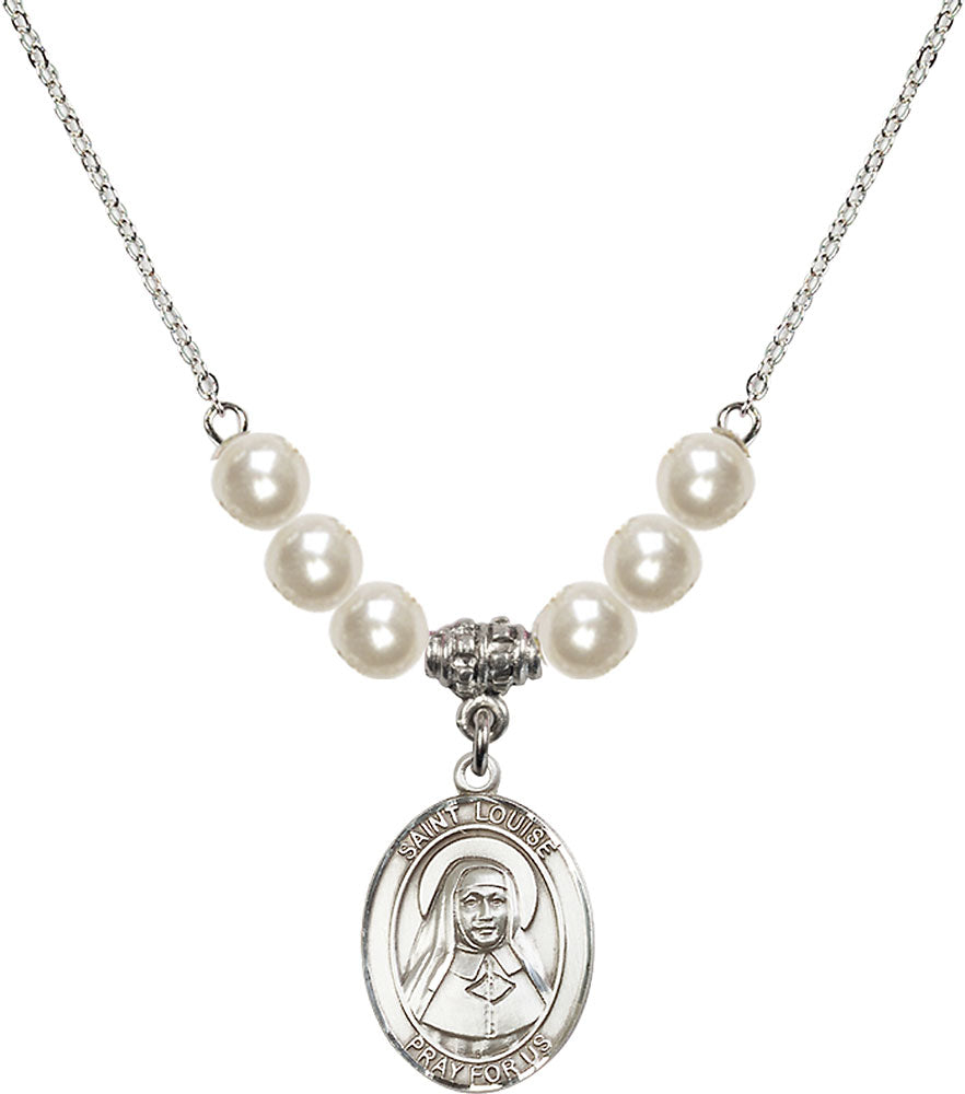 Sterling Silver Saint Louise de Marillac Birthstone Necklace with Faux-Pearl Beads - 8064