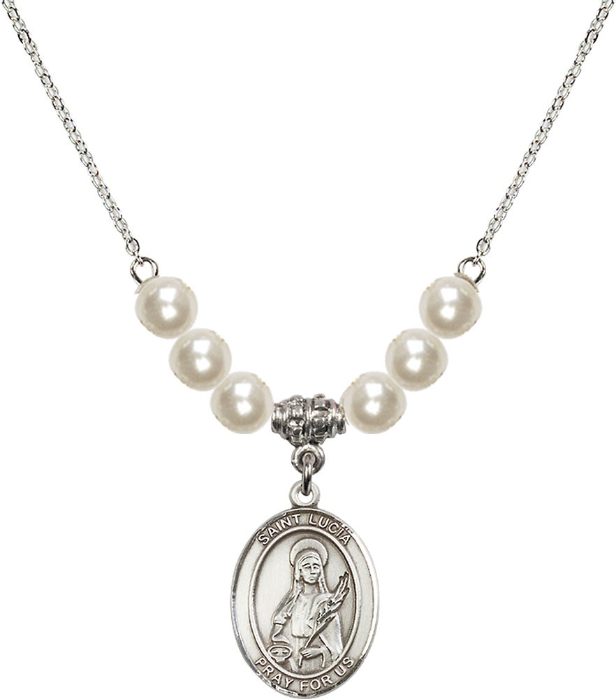 Sterling Silver Saint Lucia of Syracuse Birthstone Necklace with Faux-Pearl Beads - 8065