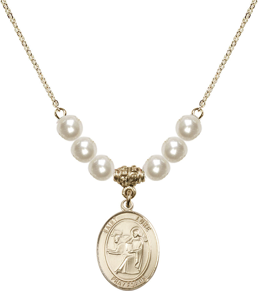 14kt Gold Filled Saint Luke the Apostle Birthstone Necklace with Faux-Pearl Beads - 8068