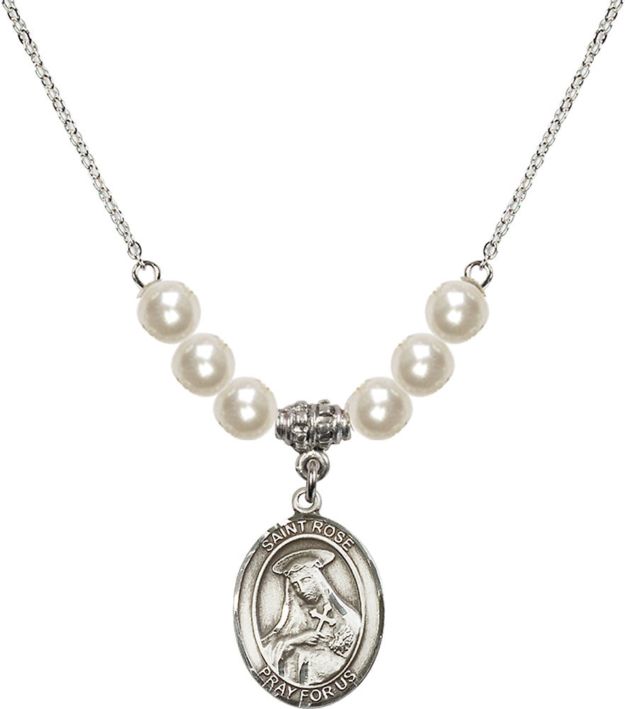 Sterling Silver Saint Rose of Lima Birthstone Necklace with Faux-Pearl Beads - 8095