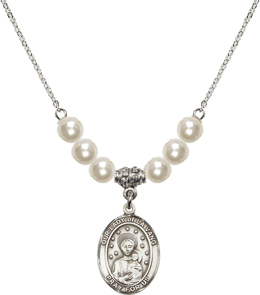 Sterling Silver Our Lady of la Vang Birthstone Necklace with Faux-Pearl Beads - 8115