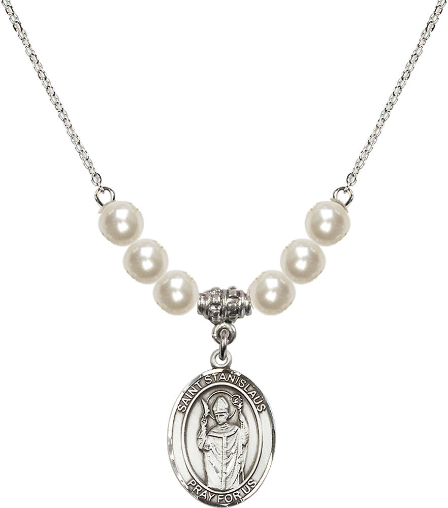 Sterling Silver Saint Stanislaus Birthstone Necklace with Faux-Pearl Beads - 8124