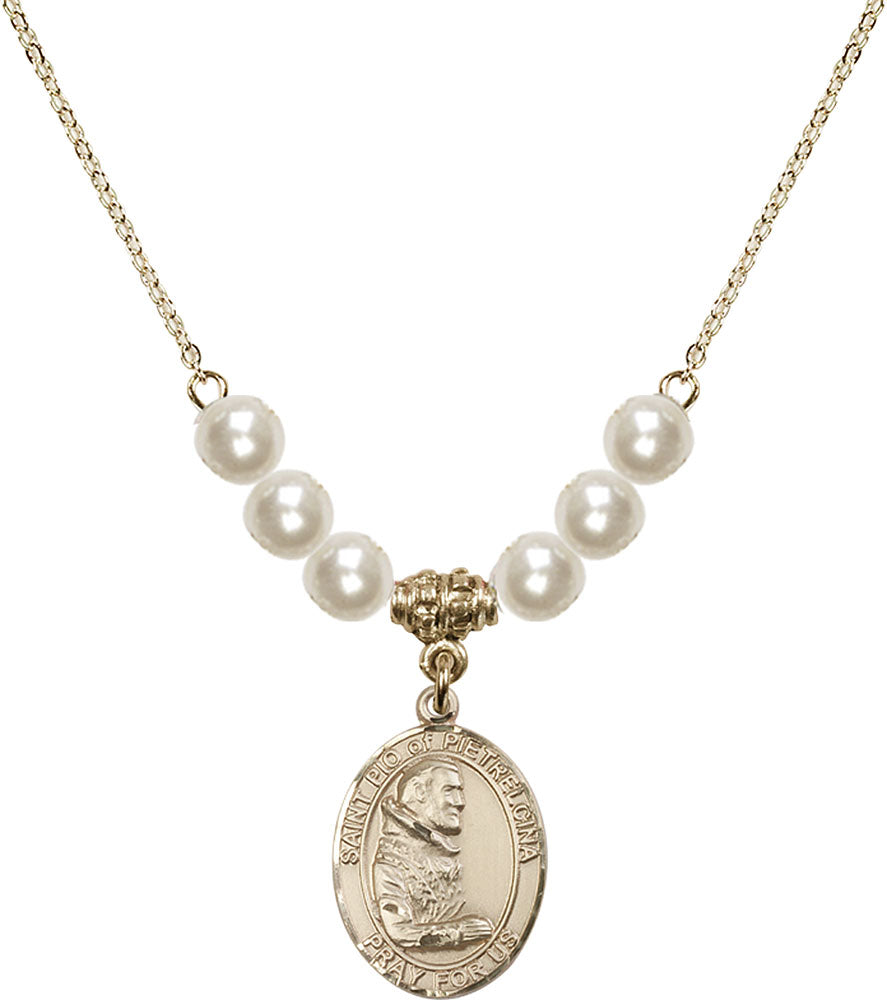 14kt Gold Filled Saint Pio of Pietrelcina Birthstone Necklace with Faux-Pearl Beads - 8125